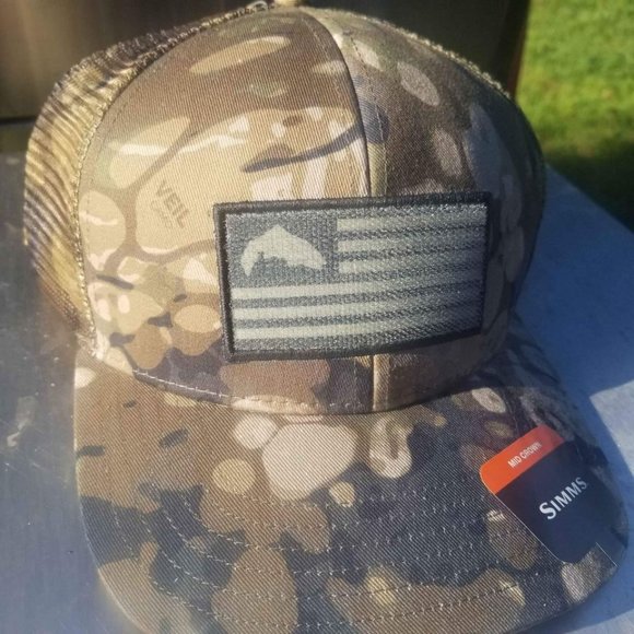 Simms Men's Fishing Tactical Trucker Hat Hunting  - Riparian Camo U.S Flag NWT - Picture 2 of 6